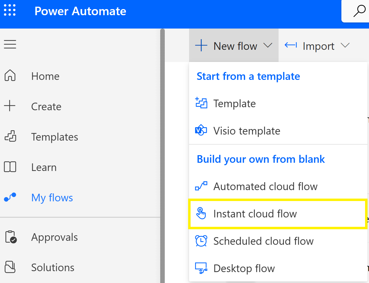 Create new Instant cloud flow