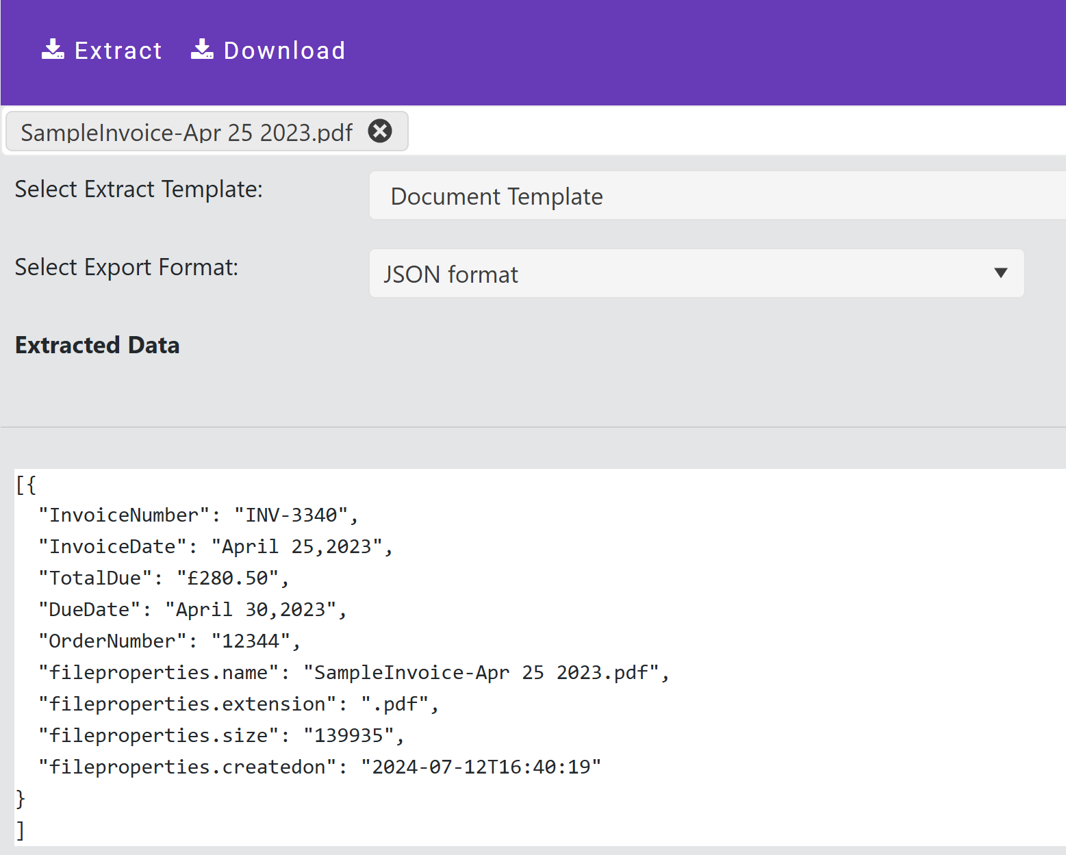 Key information in Json format